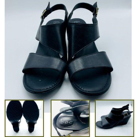 Buckle Black Shoes - BOC Women's Leather Open Toe Sandals Wedge Heels 8